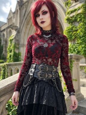 Sheer Burgundy Floral Lace Top - Gothic Mesh Long Sleeve